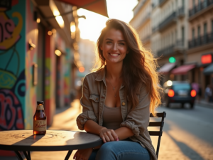 Anne Bagu, a content creator, sitting at an outdoor café table in a vibrant urban setting, with street art in the background and warm afternoon sunlight.