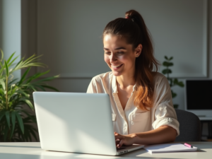 O profesoară tânără, zâmbitoare, lucrând la laptop într-un birou luminos, cu note despre câștigurile ei de pe OnlyFans pe tablă.