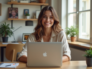 Cristina Ivone, a content creator on OnlyFans, smiles warmly at the camera from her stylish home office, with natural light streaming through large windows.