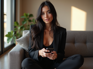 Ema Karter, a young woman with long dark hair, confidently sitting on a modern sofa in a stylish living room, holding a smartphone.