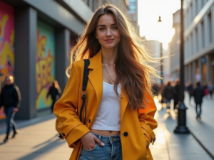 A confident woman named Nicola Julia stands on a busy city street, showcasing her stylish outfit and bright smile against a backdrop of vibrant street art.