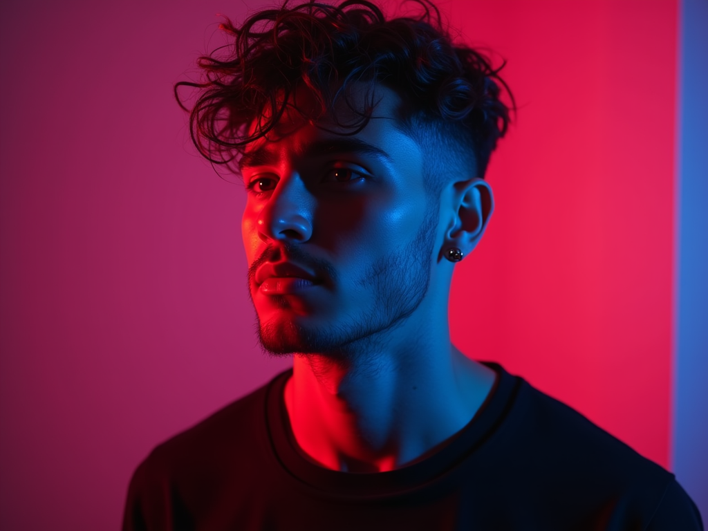 Un tânăr artist care filmează un videoclip pentru OnlyFans într-un studio luminos, zâmbind și interacționând cu camera.