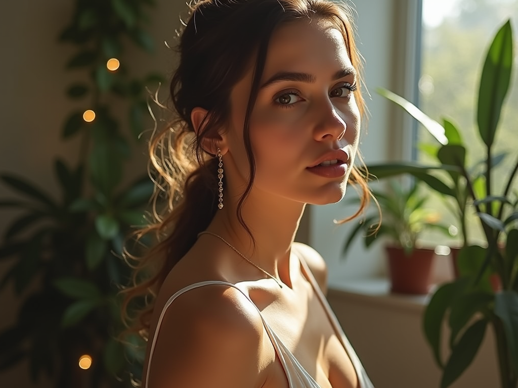 Valentina Lungu zâmbind într-un decor modern, purtând o rochie elegantă, cu plante verzi în fundal, iluminată de lumina naturală.