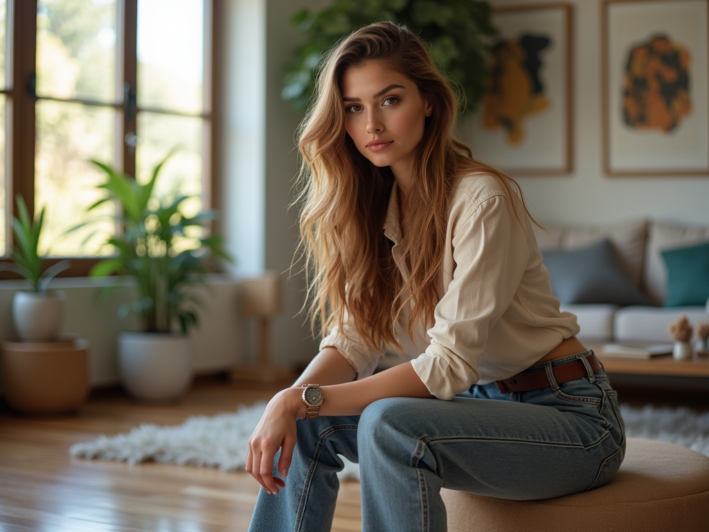 A confident young woman in a stylish living room, posing for a casual photo with natural light streaming in from large windows.