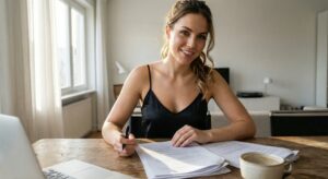 Natural photo of a focused woman sitting at a wooden desk in a bright, modern room. She is leaning over a printed document, reading carefully, with a pen in her hand. On the desk lies a laptop, a smartphone, and a cup of coffee. Soft daylight from a window illuminates the scene. Authentic atmosphere of a person working on legal or business papers. Realistic textures, casual clothes, high resolution, photorealistic style.